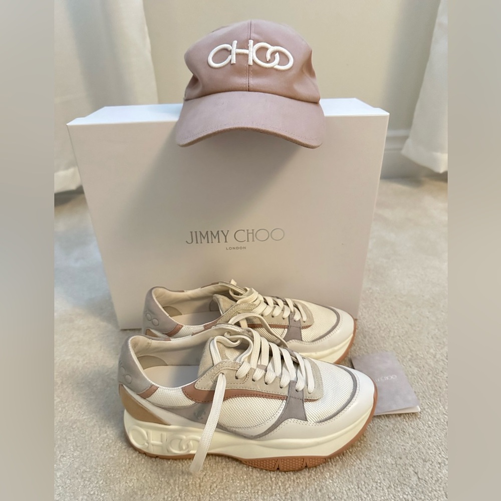 Jimmy CHOO Landon White/ Powder Pink/ Grey colour runners and Leilo Ball cap.